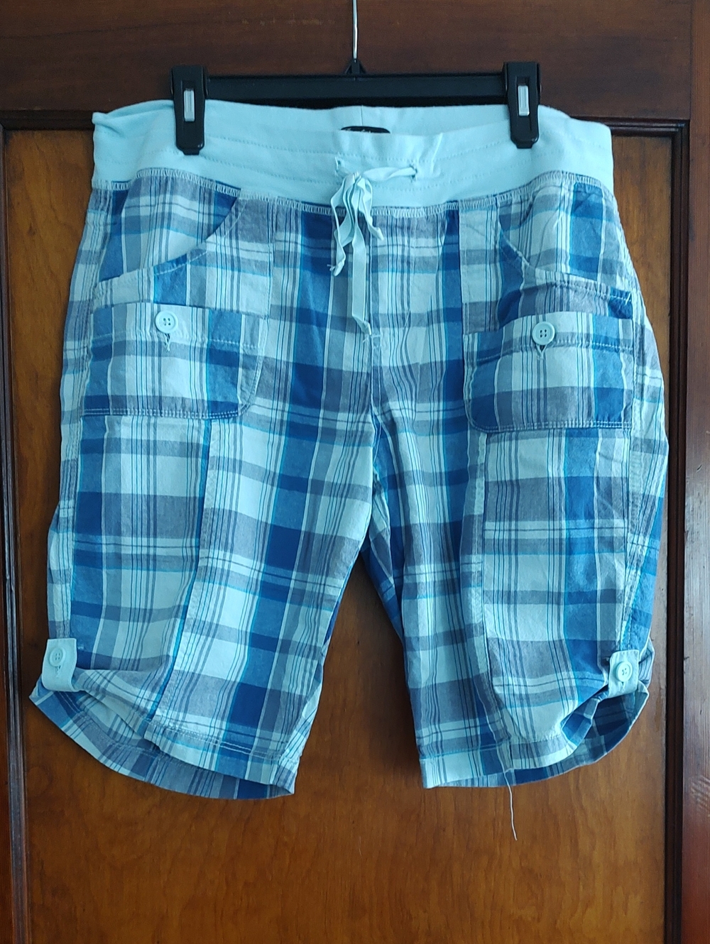 Blue Plaid Kids Cargo Shorts with Drawstring Waist